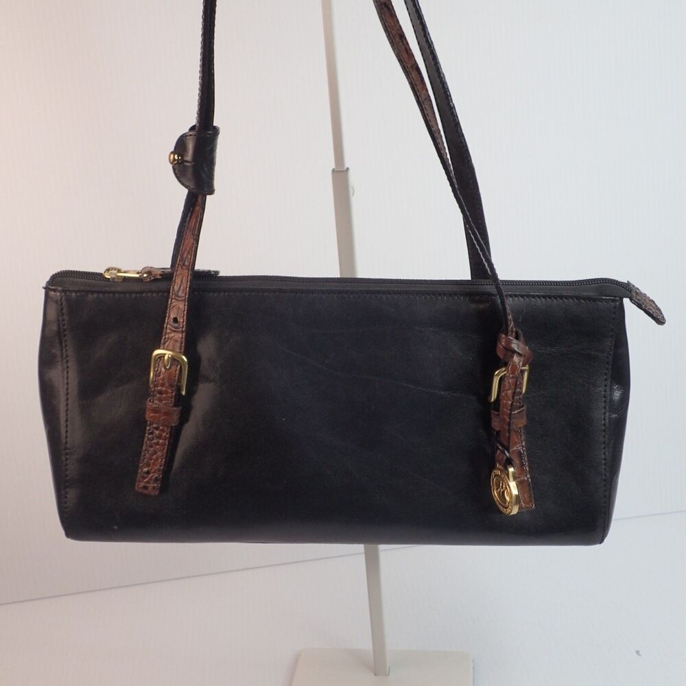 Vtg Brahmin Handbag Purse MELANIE Satchel Shoulder Bag Tuscan Black Brown Croc - Picture 2 of 16